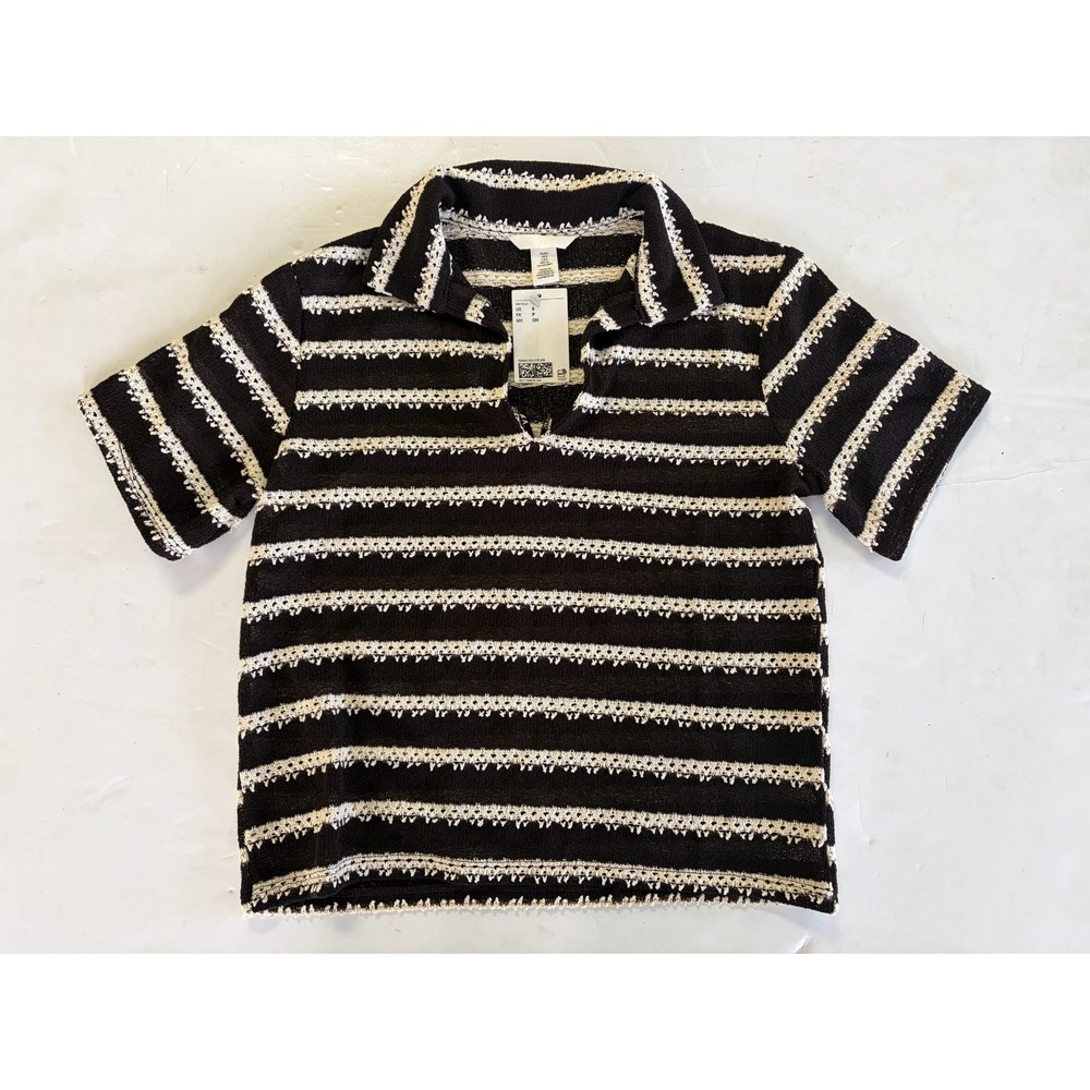 H&M Crochet Knit Polo Shirt Women's S Black Cream Striped Short Sleeve NWT